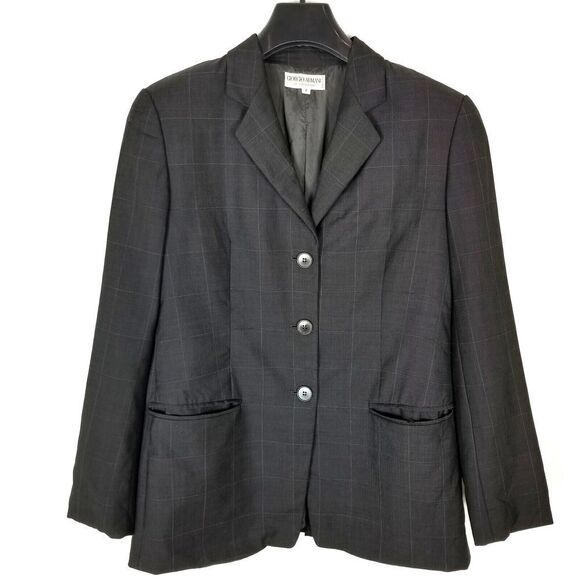 Giorgio Armani Le Collezioni Women Wool Blend Blazer Size 8 Gray Windowpane - Picture 1 of 7
